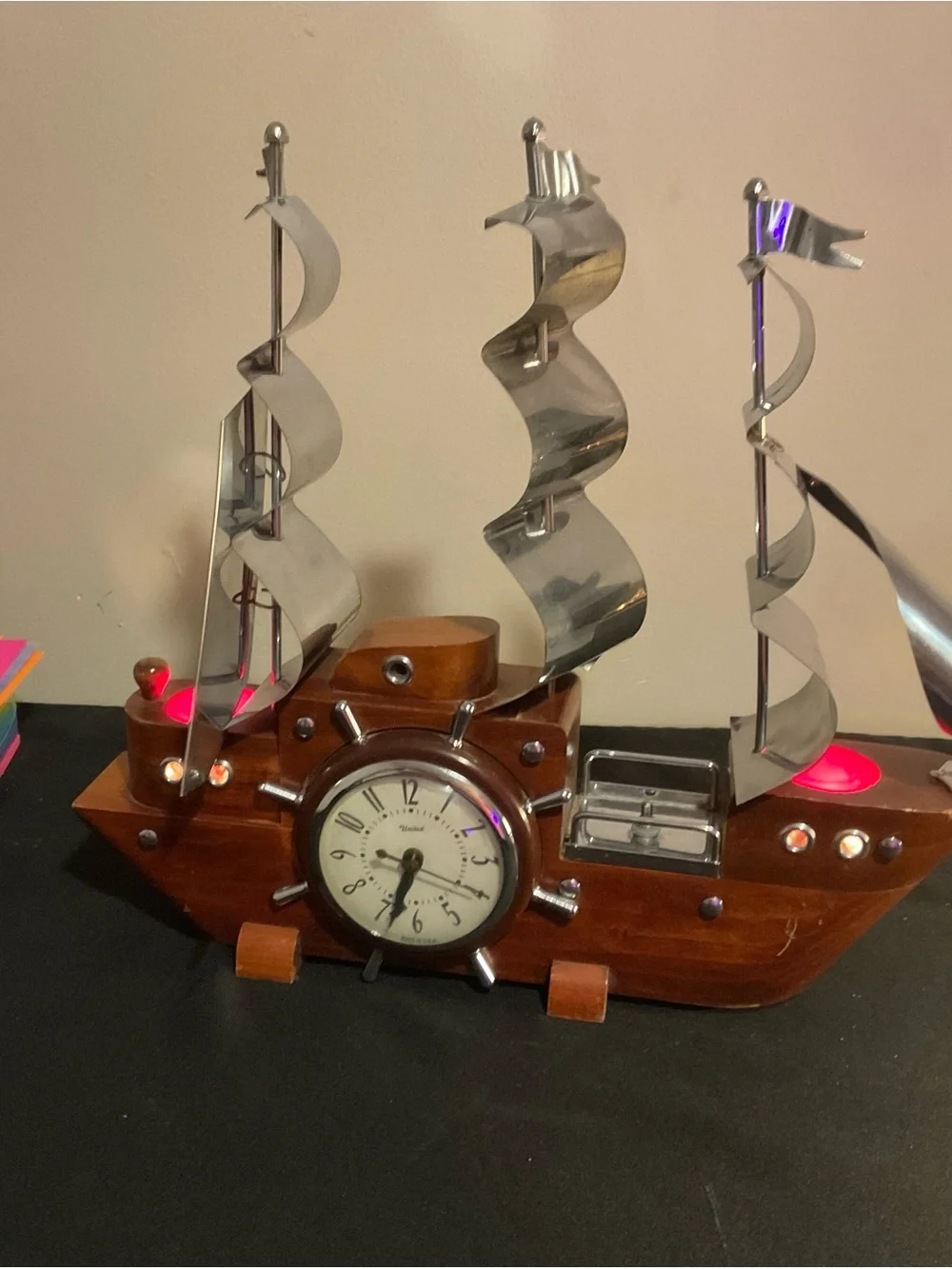 Wooden Ship Clock Wall Decor in Brown and Silver